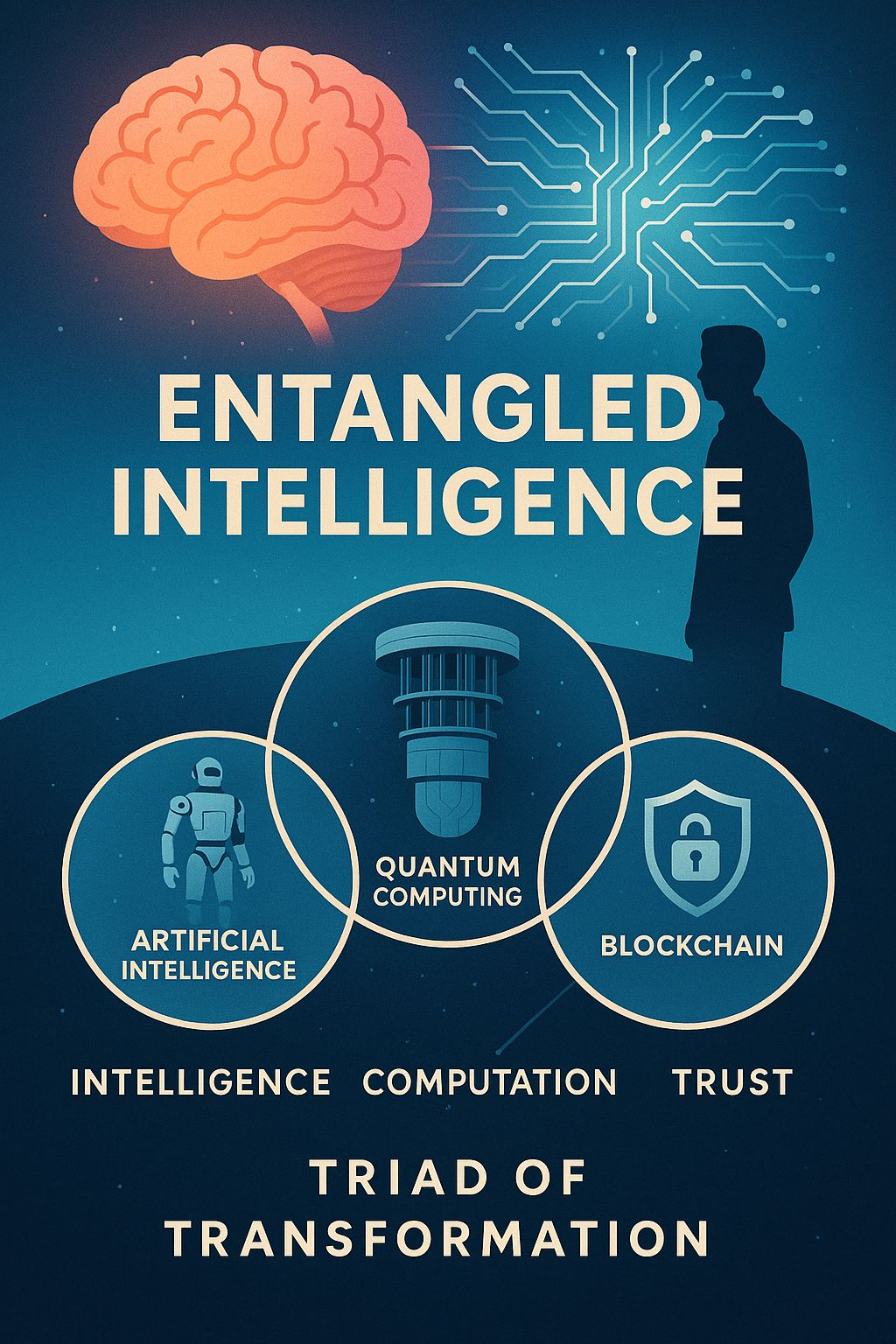 Entangled Intelligence artwork connecting human thought with AI, quantum computing and blockchain